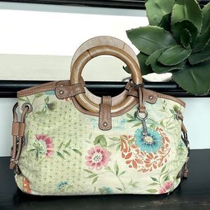 Fossil, genuine, leather canvas, floral  satchel, handbag purse